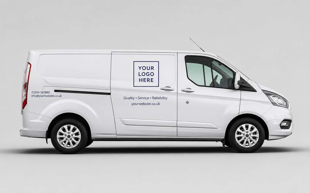 White work van with mid-level Exclusive livery — logo, slogan and website URL applied to the side panel.
