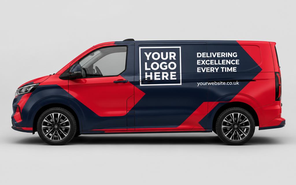 Work van with a full vehicle wrap in bold red and navy geometric graphics, covering the entire side panel.