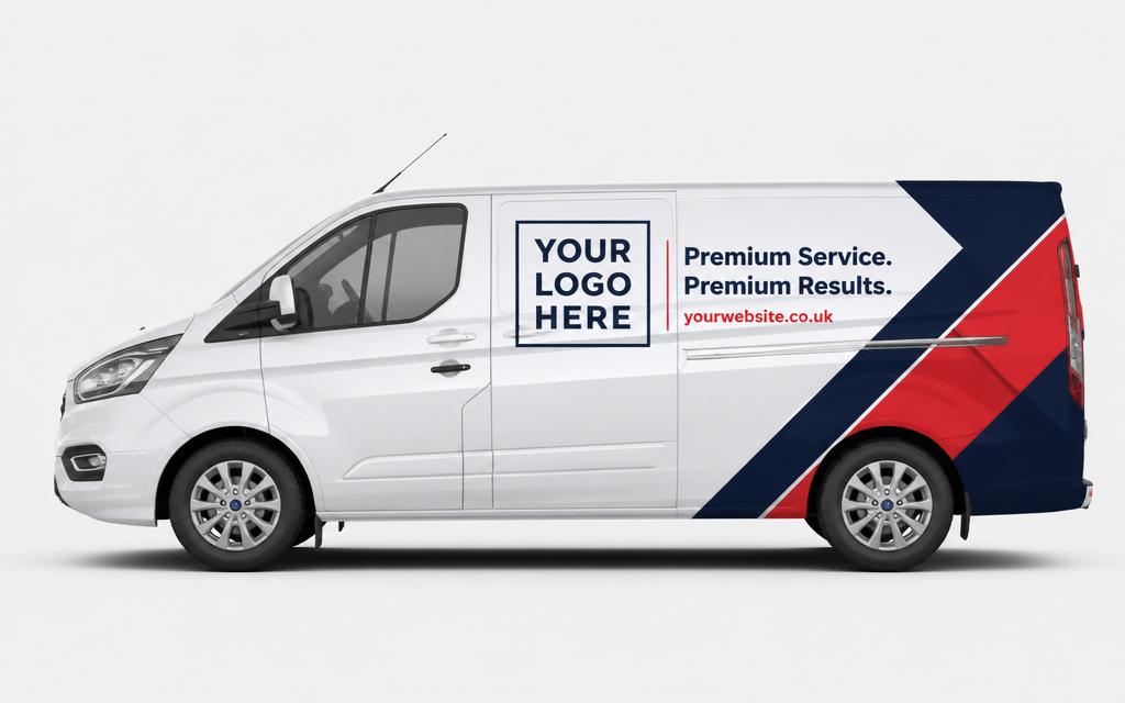 Work van with Premium Plus livery — full side branding plus bold red and navy geometric graphics on the rear.