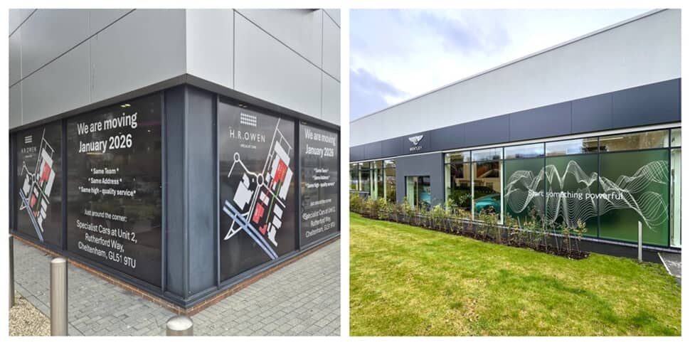 H.R. Owen dealership exterior with premium window graphics and brand signage