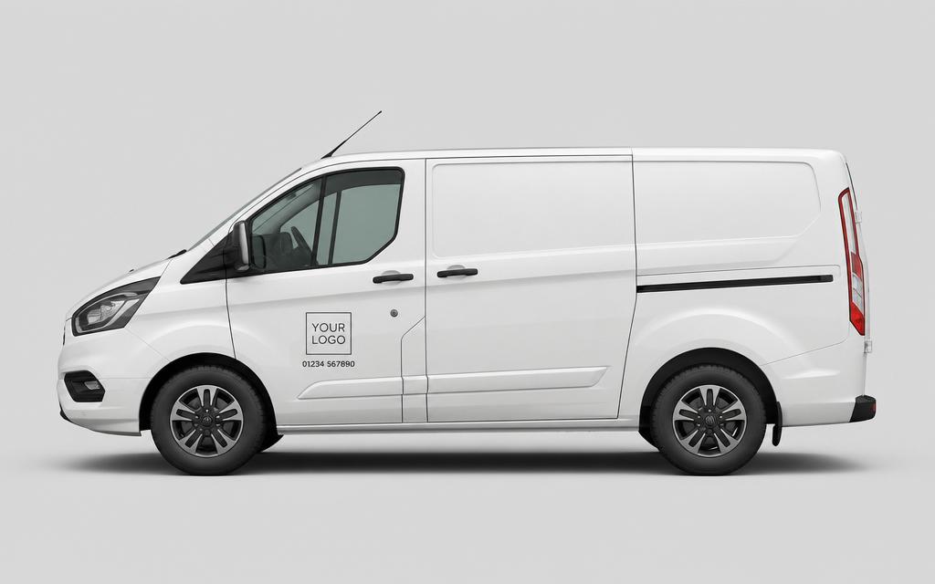 White work van with minimal Essentials livery — small logo and contact details on the side door.