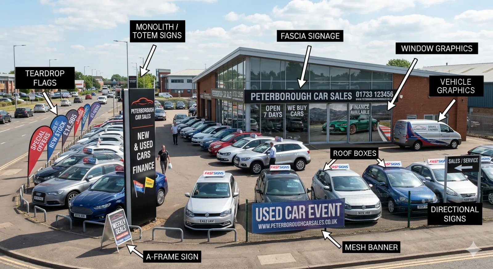 Modern car dealership exterior with illuminated monolith totem sign and 3D facade letters