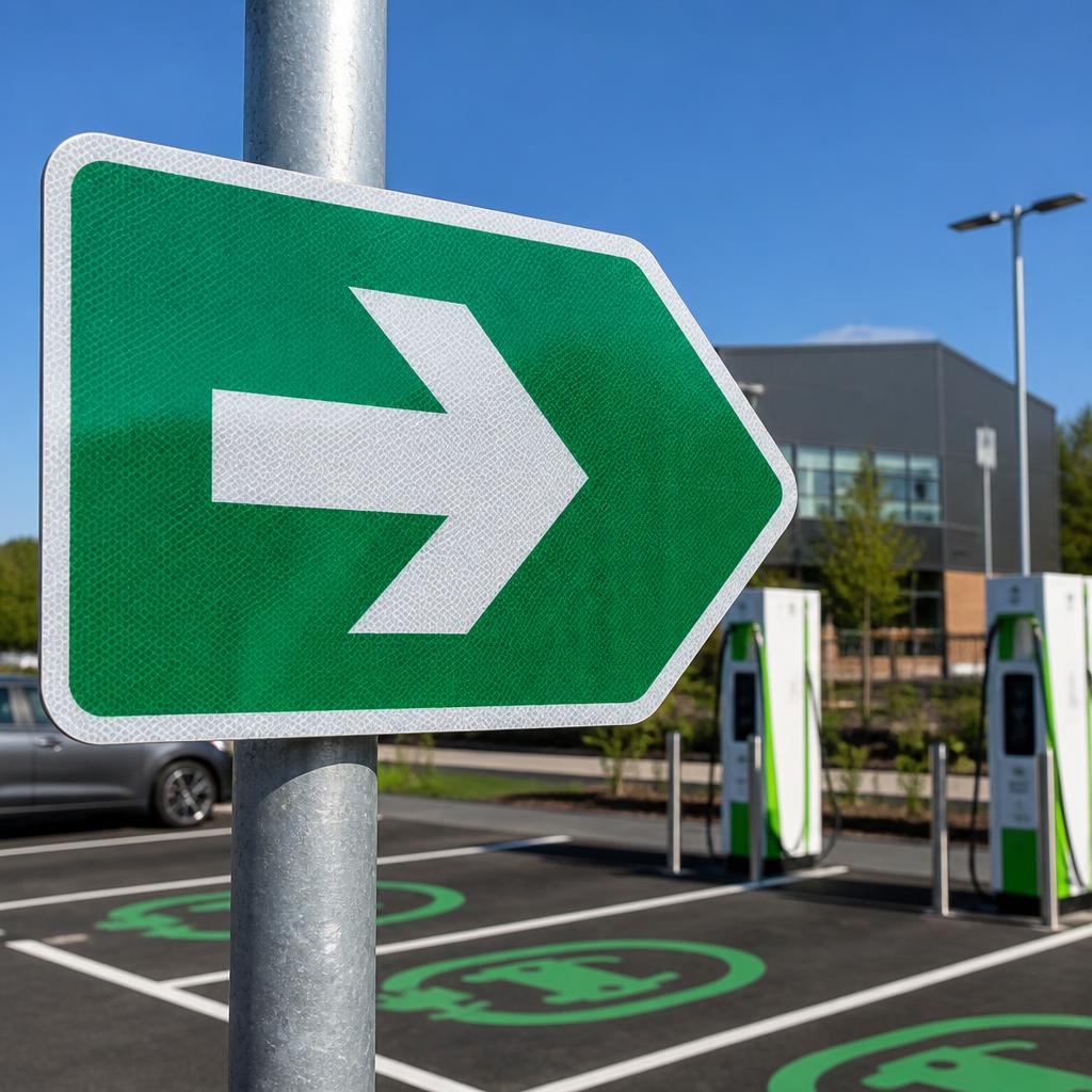 Bright green directional arrow sign for EV charging bays in a UK car park.