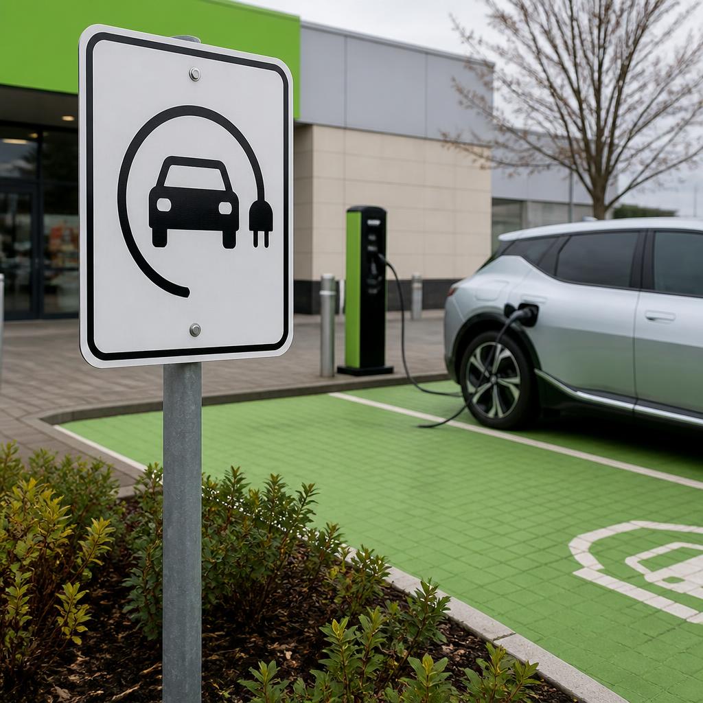 Post-mounted EV charging only regulatory sign beside a green EV bay.