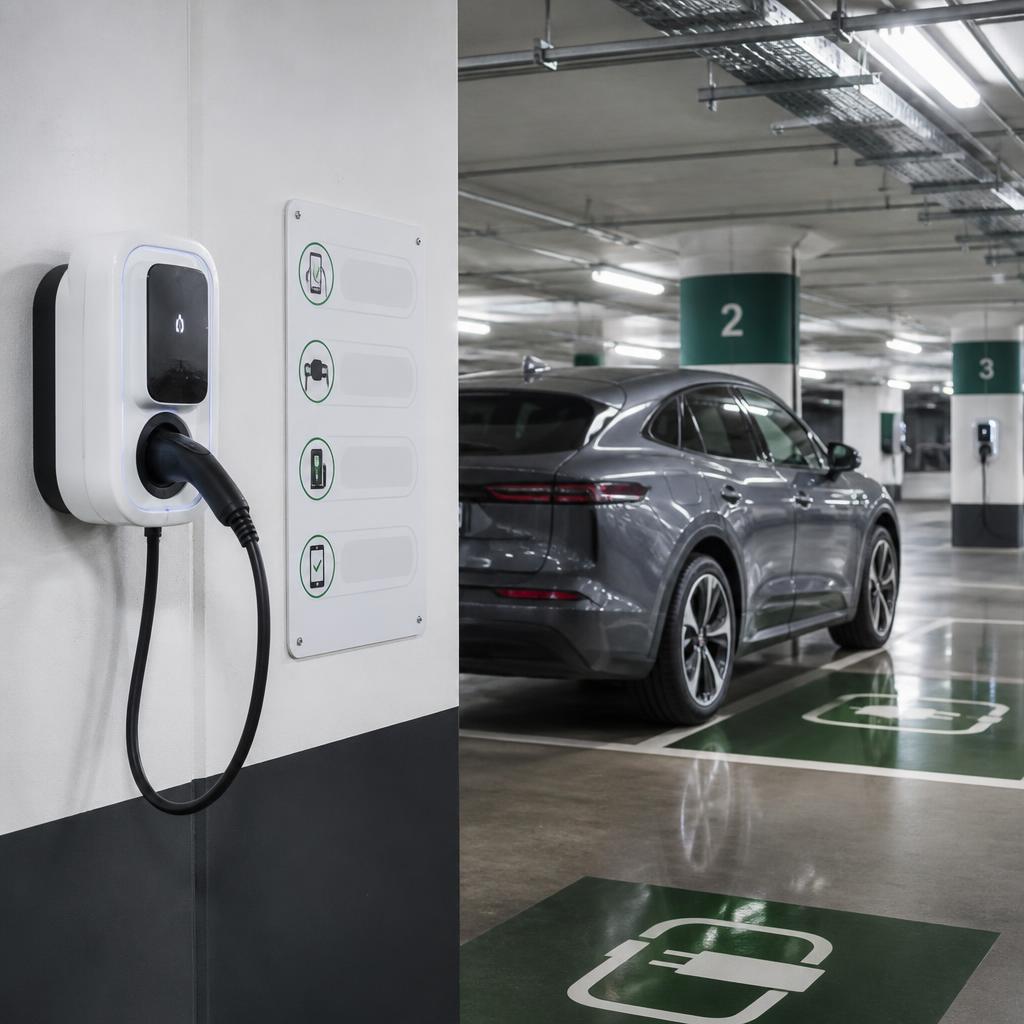 Wall-mounted EV charger and placard inside a UK multi-storey car park.