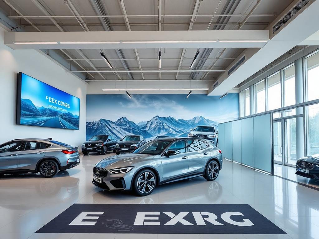 Modern car showroom interior with digital signage and wall mural